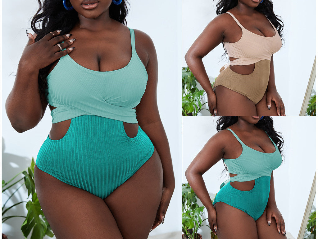 Plus Size One Piece Monochromatic Two Tone Swimsuit with Cut Out