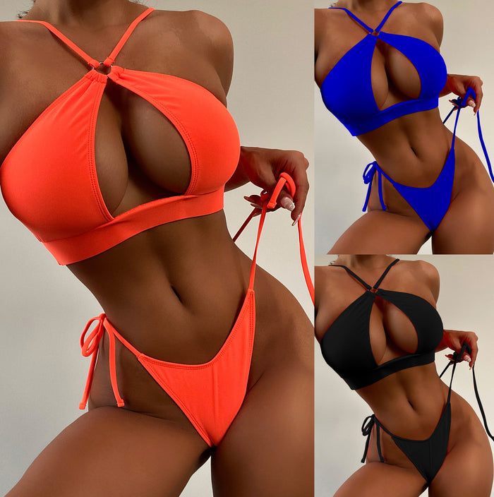 Bikini Set Cross Halter Brazilian String Thong Bikini - Orange, Blue, or Black