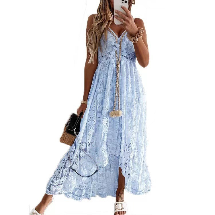 Long Dress Pretty Lace Embroidered Womens Summer Dress White Green Purple Blue Yellow
