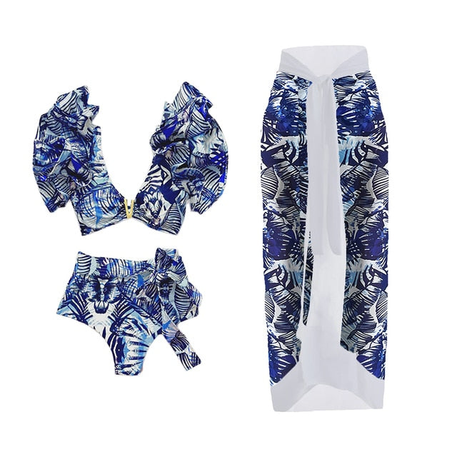 Blue Tropical Palm Print Ruffled Bikinis Set and Sarong