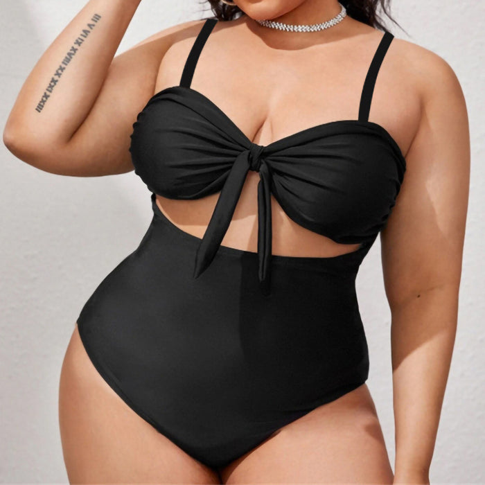 plus size one piece swimsuit bow tie cut out  women swimwear curvy flattering black 