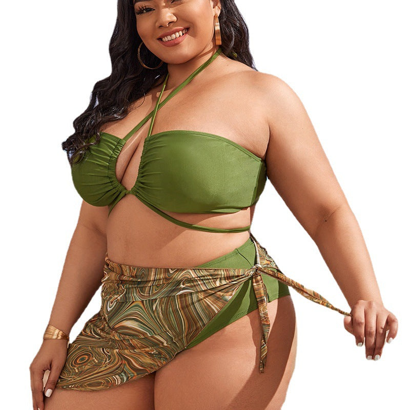 Plus Size Swimwear Army Olive Green Bikini Curvy Two Piece with Skirt Cover Up