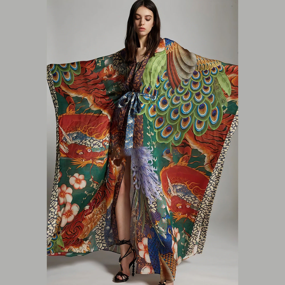 Colorful Dragon and Peacock  Kimono Cardigan Beach Cover Up Resort Wear