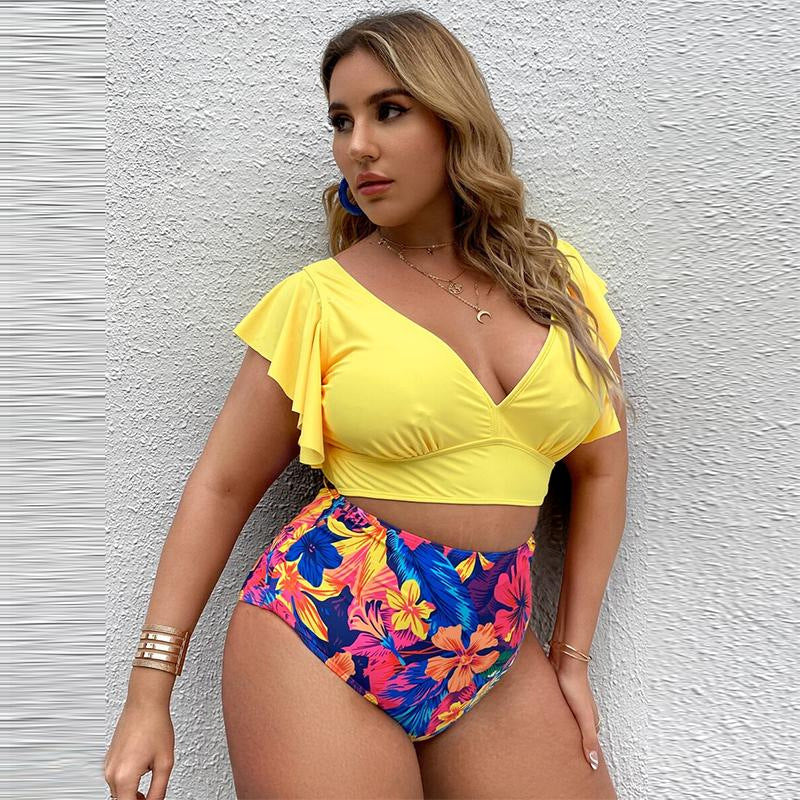 Plus Size Women Swimsuit Two Piece Yellow Ruffle Top with Sleeves Floral High Waist Swimsuit