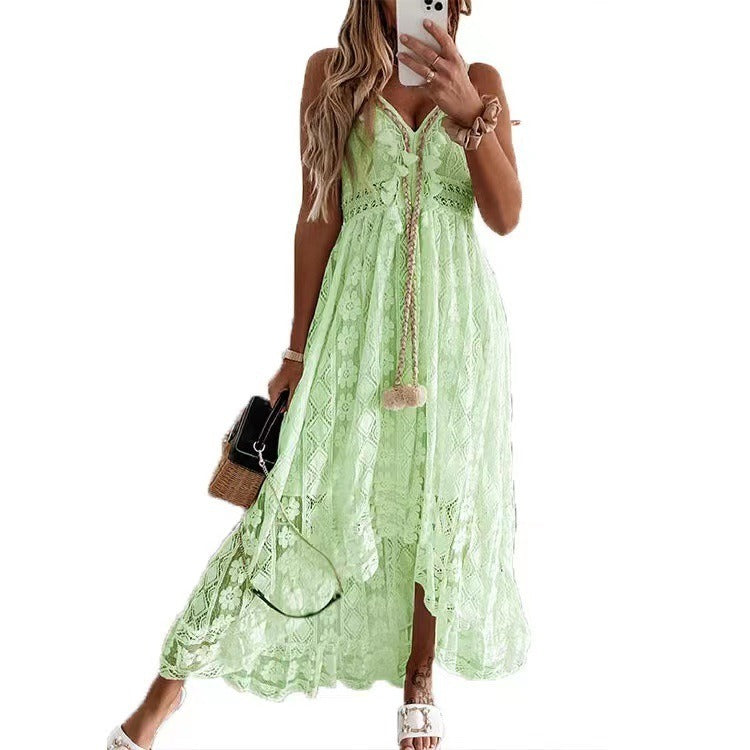 Long Dress Pretty Lace Embroidered Womens Summer Dress White Green Purple Blue Yellow