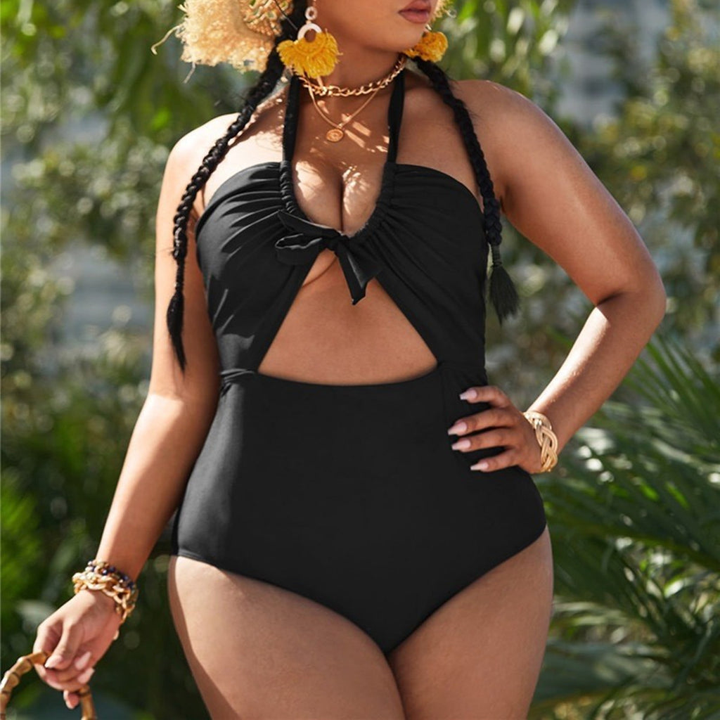 plus size one piece swimsuit cut out bow tie gathered halter cutest sexy flattering curvy women swimwear black