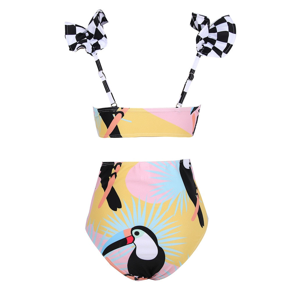 Colorful Flamingo Check Pop Art Ruffle Bikini Set w/ SarongWomen High Waist Swimsuit Beach