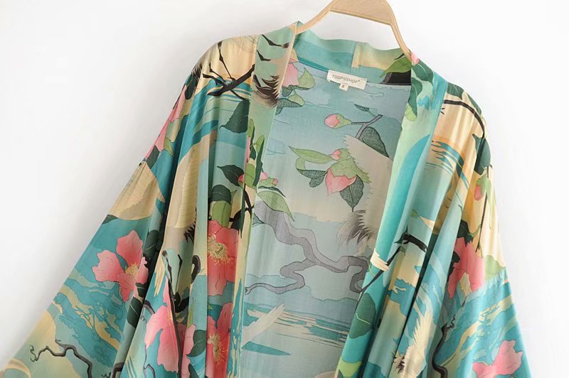 Kimono Green Vintage Retro Floral Print Boho Maxi Long Sleeve Cardigan Beach Cover Up