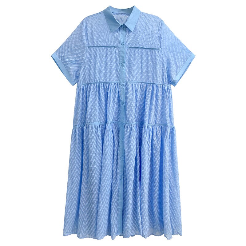 Long Dress Lace Gauze Shirt Dress Casual Women Short Sleeve Dress Summer Over Size Collar Dress