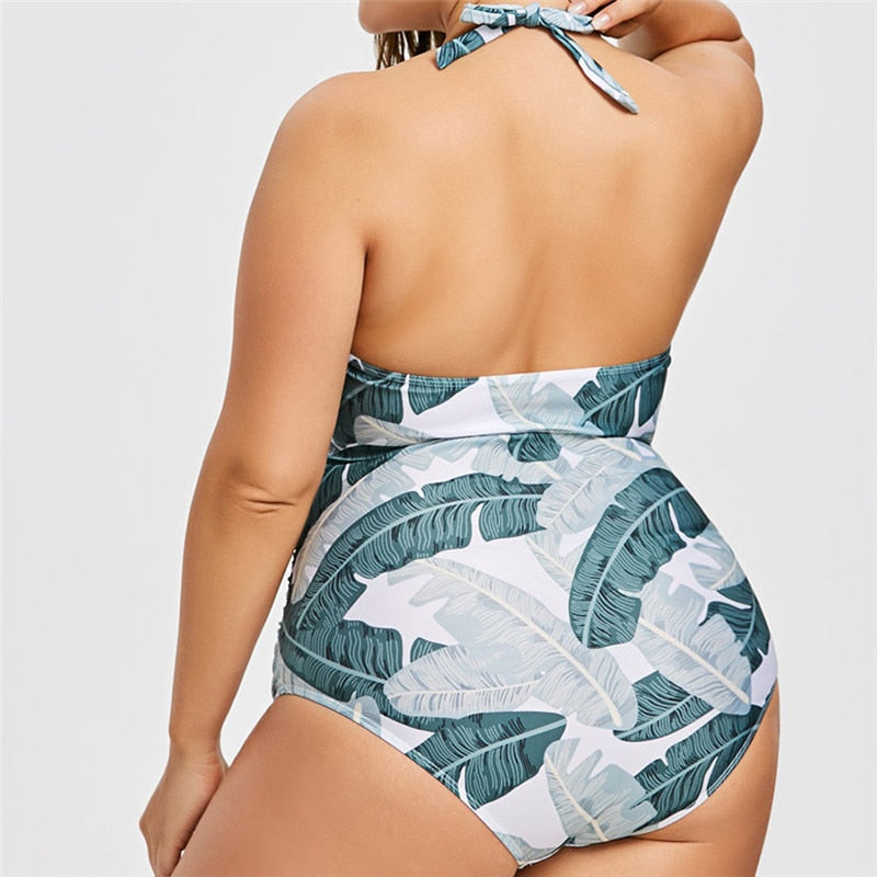 Plus Size Swimsuit Tropical Leaf Print Tankini One Piece White and Green Swimwear