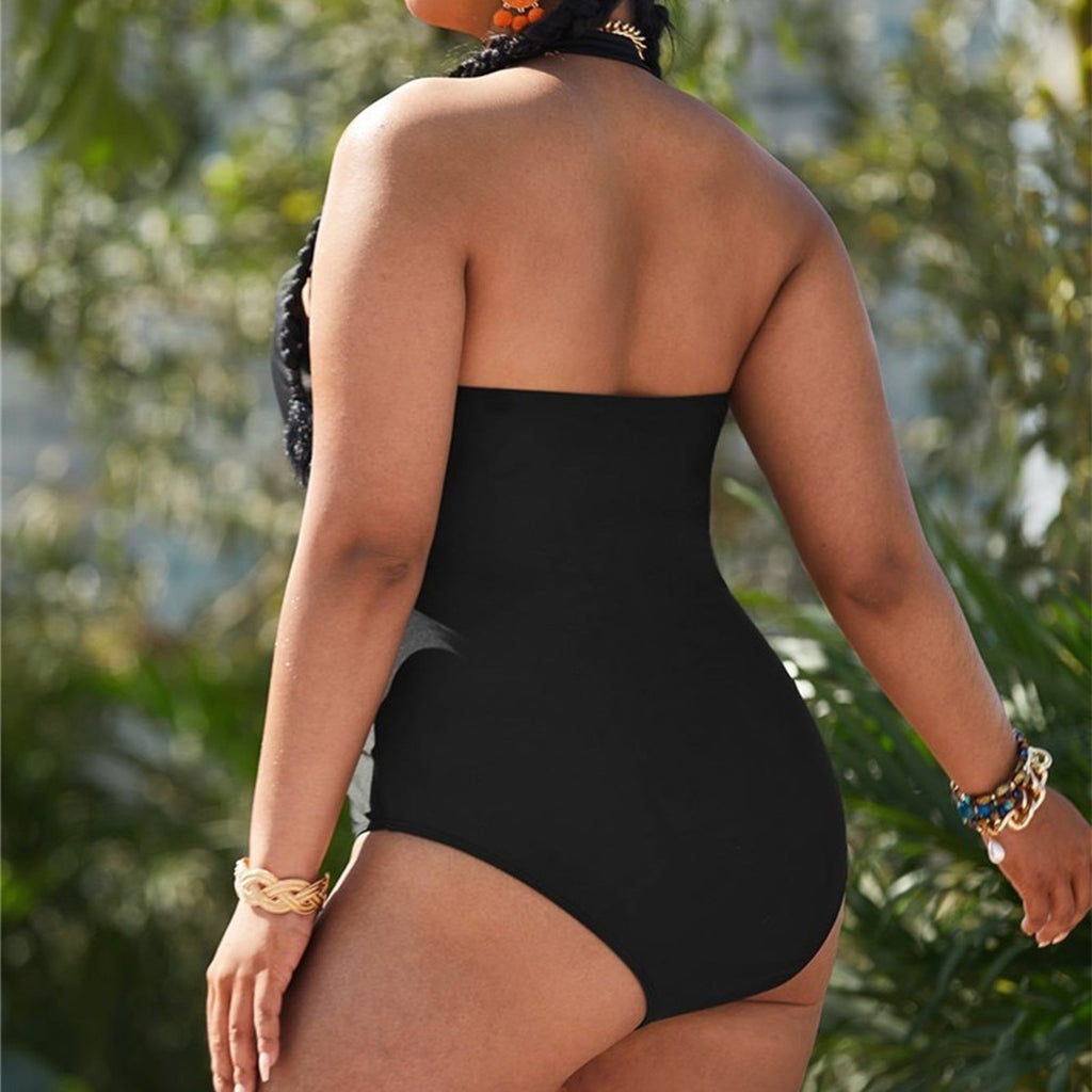 Plus Size Swimwear Solid Color Cut Out Gathered