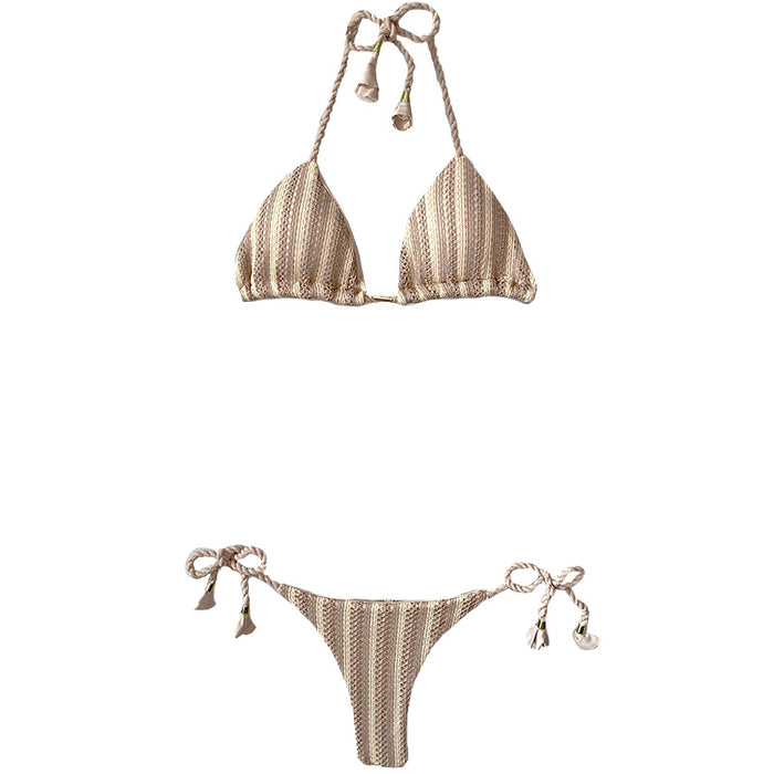 Garota de Luxo Beige and Tan Stripes Crochet String Bikini