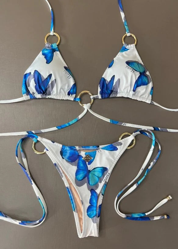 Madallola White and Blue Butterfly Brazilian String Bikini