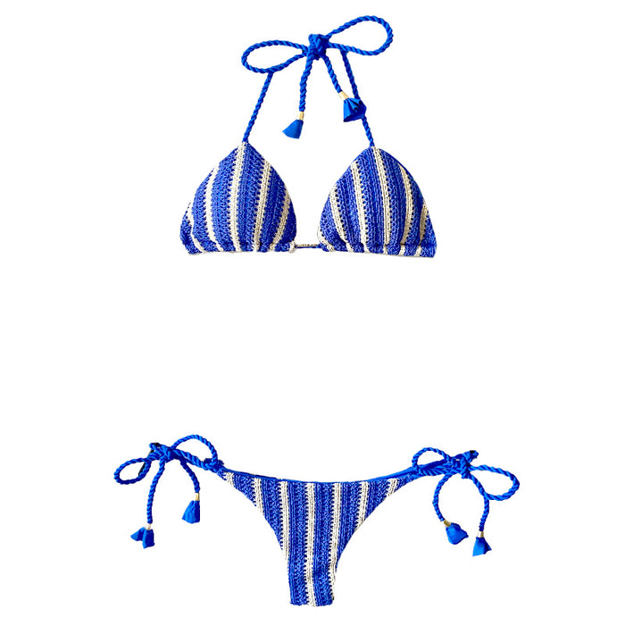 Garota de Luxo Blue and Tan Stripes Crochet String Bikini