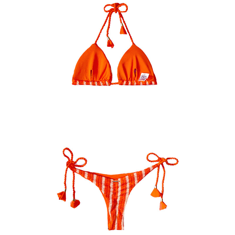 Garota de Luxo Orange and Tan Stripes Crochet String Bikini