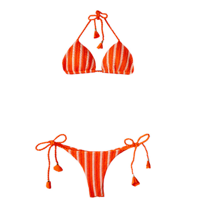 Garota de Luxo Orange and Tan Stripes Crochet String Bikini