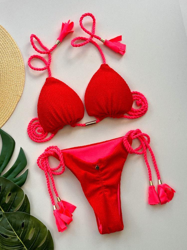 Rosa Imperial Red Orange Textured String Bikini with PInk Trim and Tassels