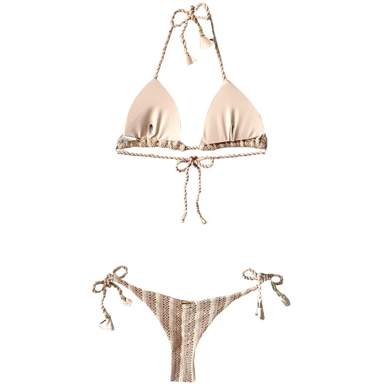 Garota de Luxo Beige and Tan Stripes Crochet String Bikini