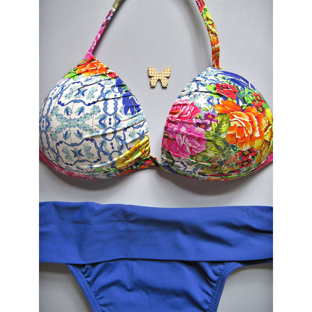 flat view floral bikini top blue cheeky foldover hipster padded halter