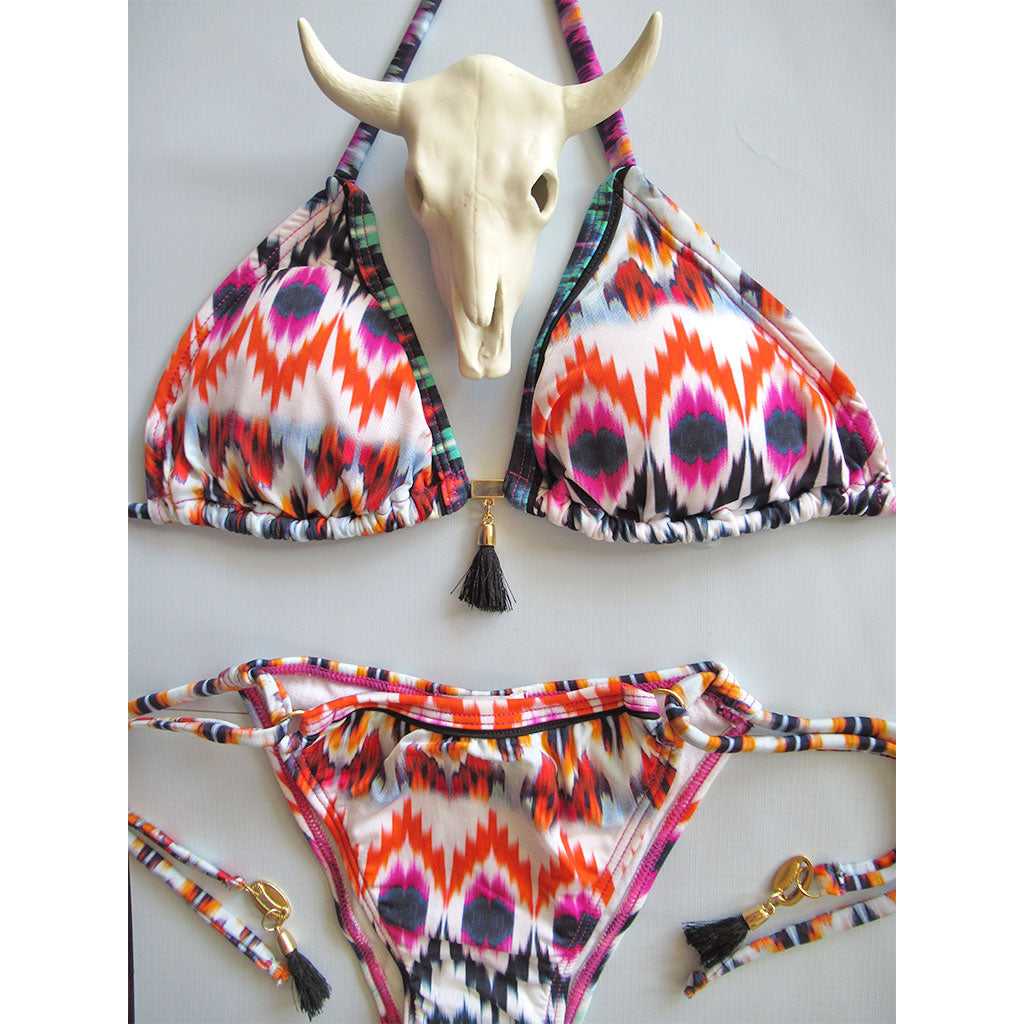 neon tribal pink orange purple print string bikini brazilian designer swimwear tassels white pretty swimminig suit flat view