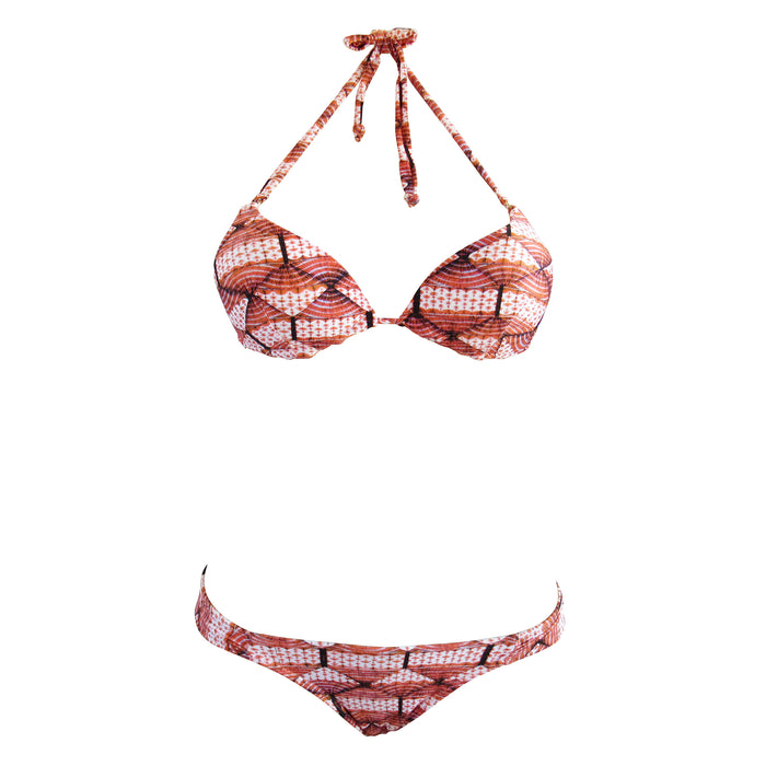 Orange Geometric Print Molded Cup Padded Women's Two PIece Swimsuit Bikini with Cheeky Brazilian Tanga