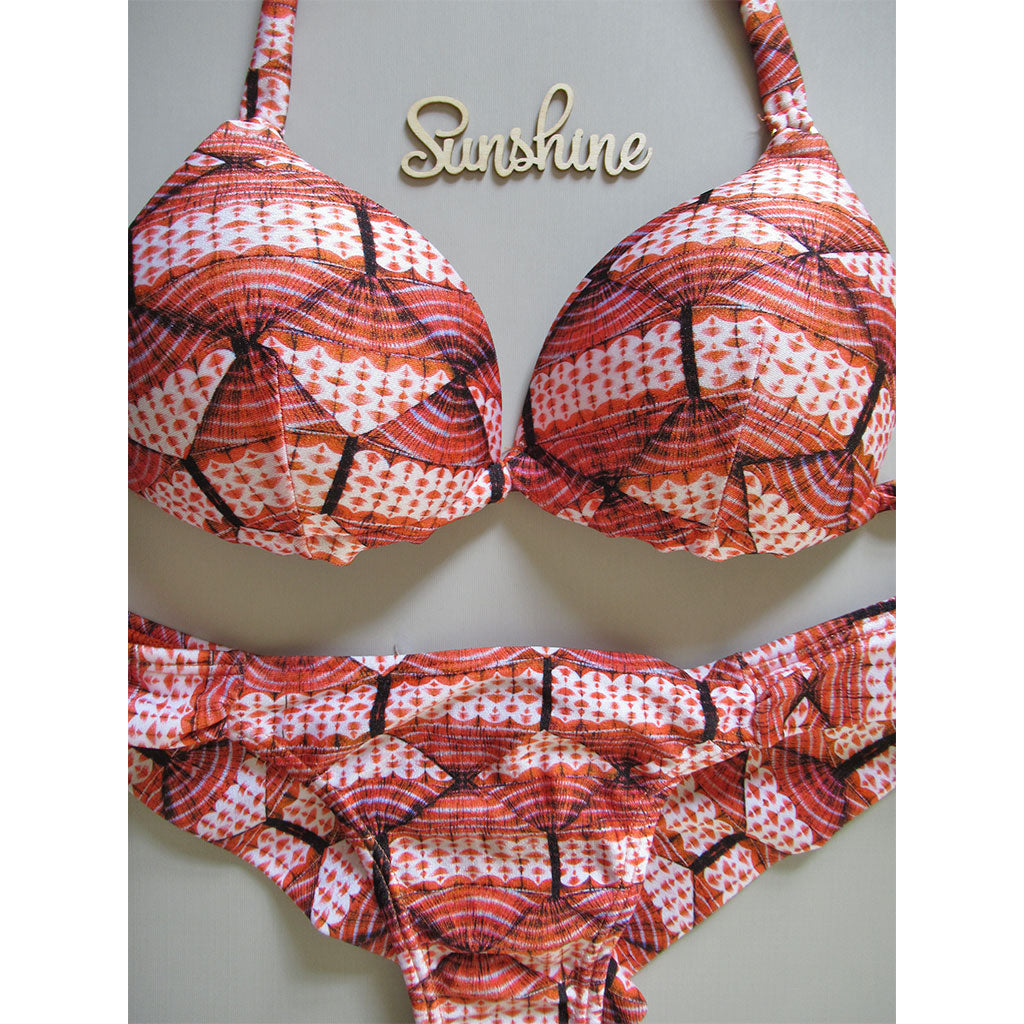 orange geometric batik print padded top brazilian bikini cheeky bottom cute unique fashion swimwear flat view