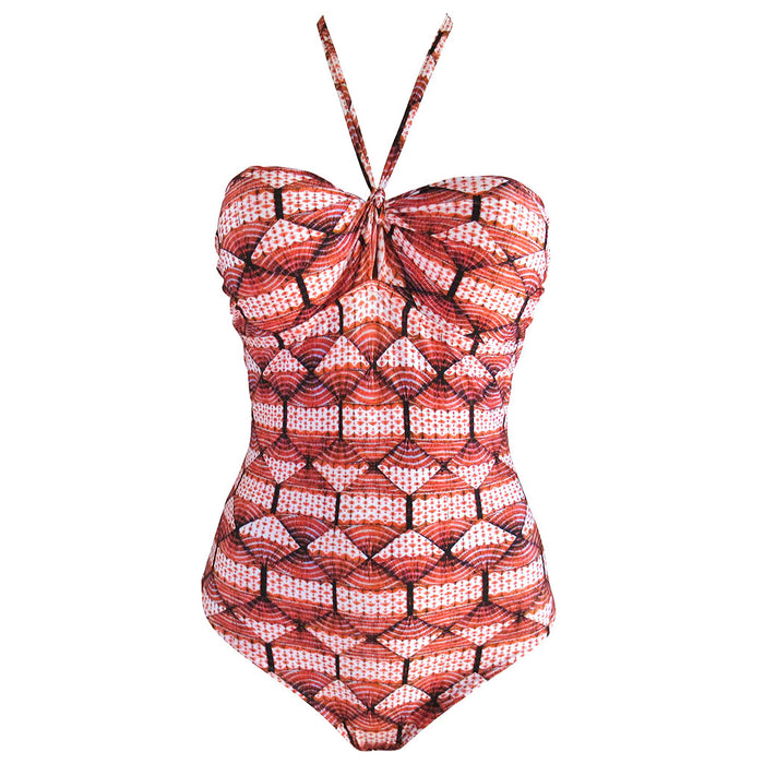 Orange Geometric Print Padded Molded Cup Women's One PIece Swimsuit Tankini