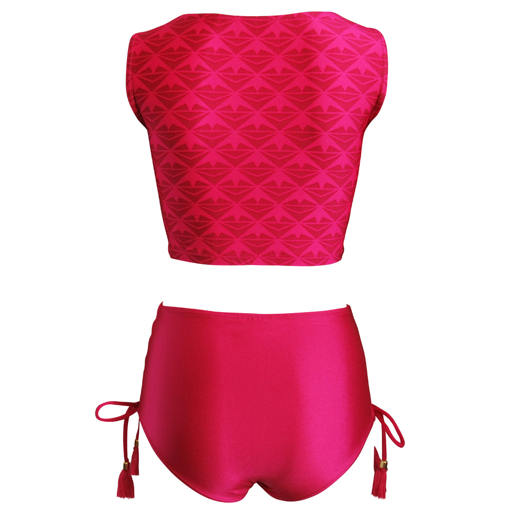 magenta fuschia hot pink crop top high waisted two piece swimming suit women's swimwear