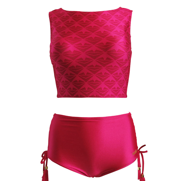 Magenta Pink Womens Padded Crop Top Two Piece Swimsuit with High Waisted Bottoms