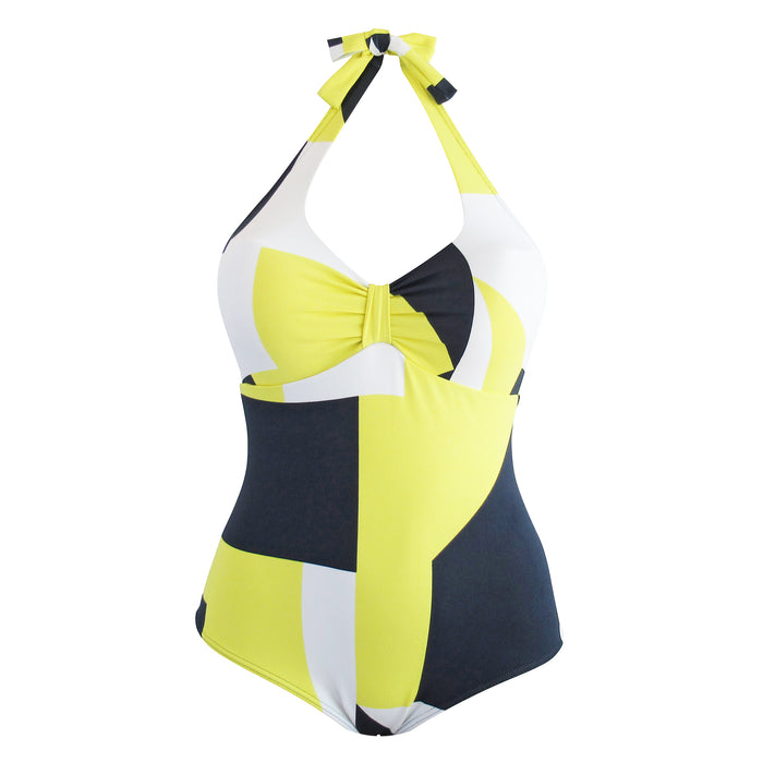 yellow navy blue white women's tankini tank style one piece swimming suit