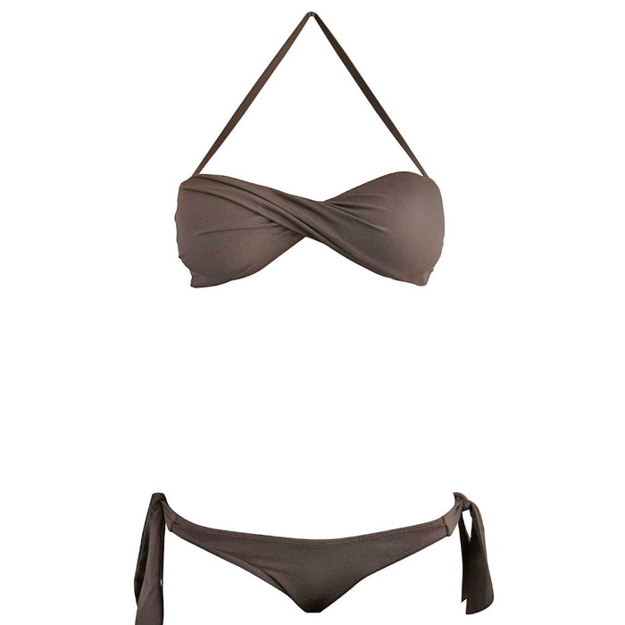 Womens Brown Bandeau Top Two PIece Bikini Swimming Suit with Cheeky Brazilian String Bottom