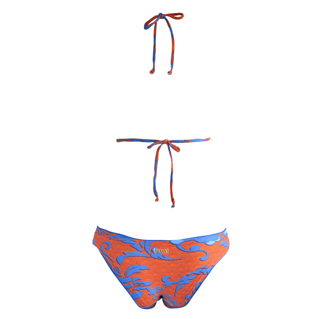 orange blue hawaiian aloha print two piece ladies swimsuit back view 