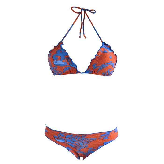 Blue Orange Floral Aloha Print Brazilian Cheeky Bikini Mid Rise Hipster New York Mets Knicks Denver Broncos Ripple Edge Swimwear