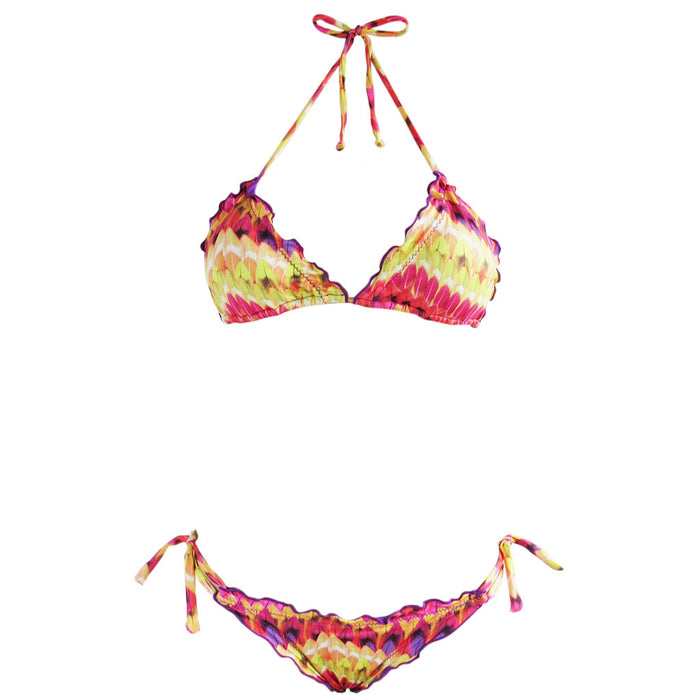 pink yellow purple bright feather print string bikini brazilian women's swimwear