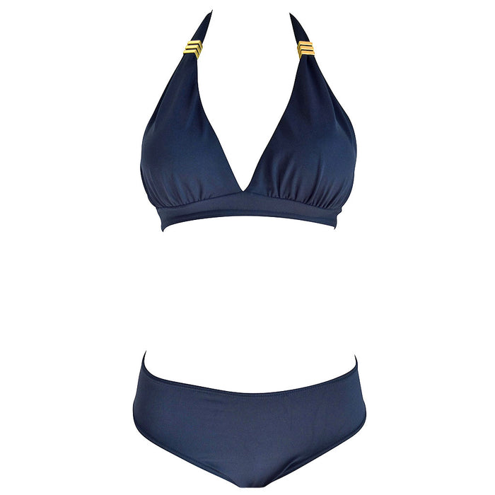 Navy Halter Top Womens Triangle Bikini Two Piece Swimming Suit with Mid Rise HIpster Full Coverage Bottom