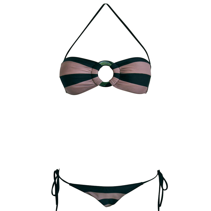 Adriana Degreas Mauve and Black Color Block Brazilian Bandeau Bikini with Front Ring Detail, Removable Strap, and Cheeky String Bottom