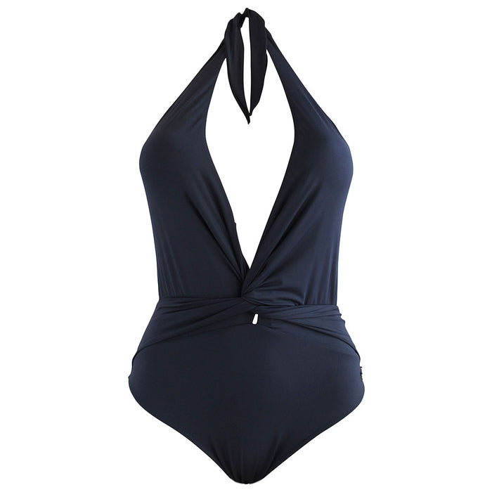 Black Deep V Halter Top Womens One Piece Swimsuit with Cheeky Bottom