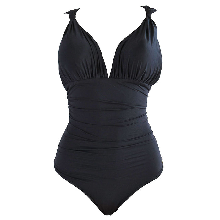 Basic black designer swimsuit with draped front and back straps.  