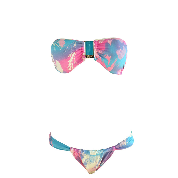 Pink and Turquoise Retro Print Womens Bandeau Bikini Top Two Piece Swimming Suit with Cheeky Tanga Bottom