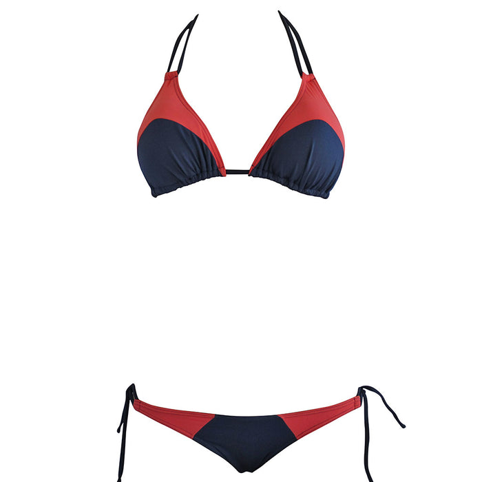 Navy and Coral Color Block Womens Triangle Top Brazilian Bikini with Cheeky String Bottom