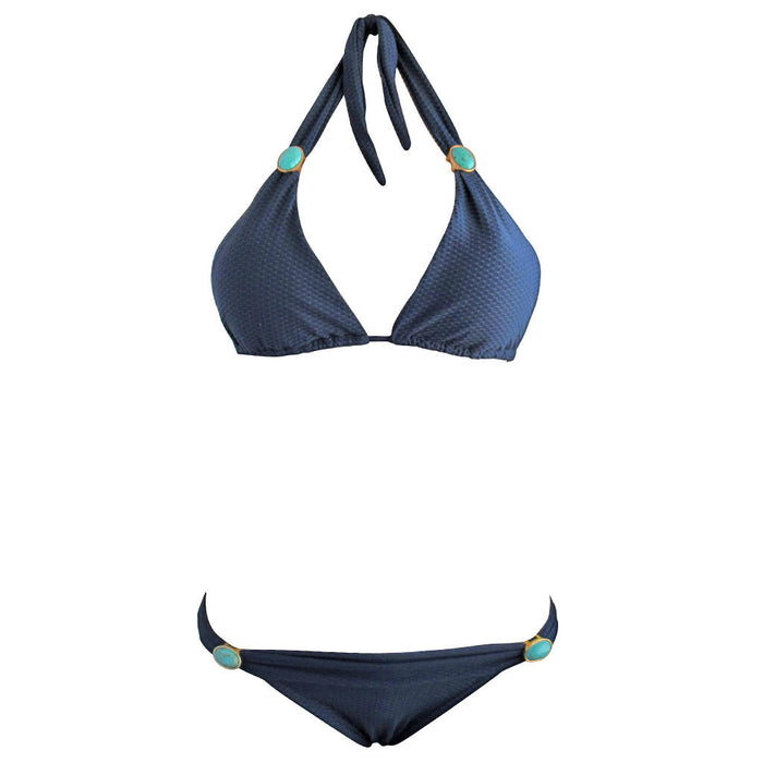 Navy Blue Texture Weave Womens Triangle Halter Top Brazilian Two Piece Bikini Swimming Suit with Turquoise Gemstone and Cheeky Tanga Bottom