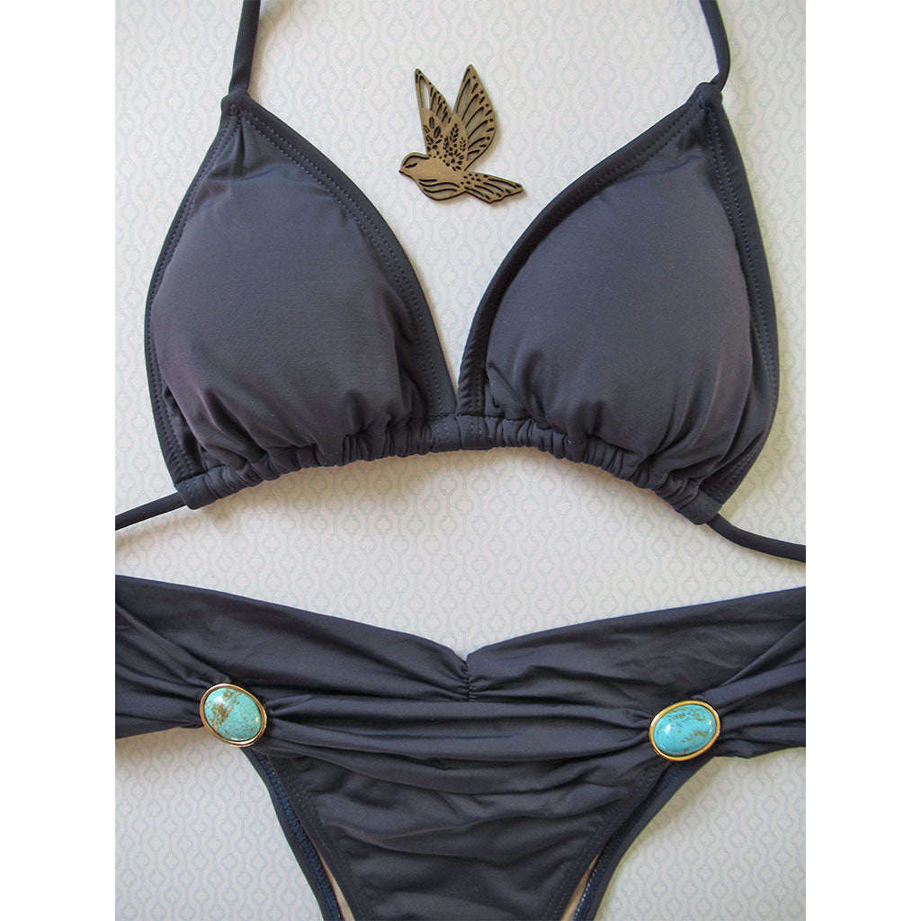 Brigitte Tati Triangle Bikini with Turquoise Gemstones Navy