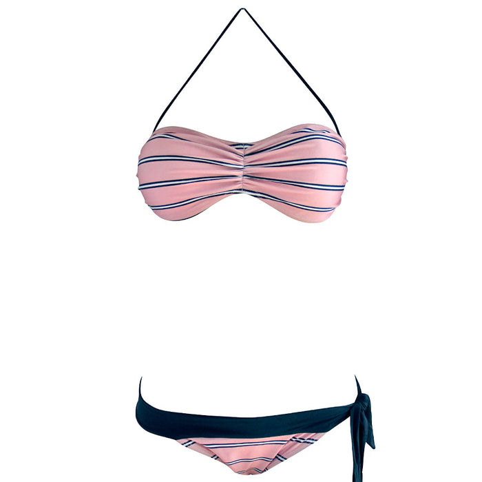 Dusty Rose Pink Stripe Womens Bandeau Top Brazilian Two Piece Bikini Bathing Suit with Cheeky Tanga Side Tie Bottom