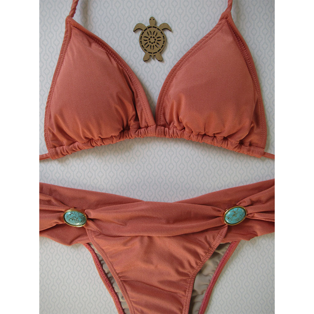 Brigitte Tati Triangle Bikini with Turquoise Gemstones Sunset Coral Peach