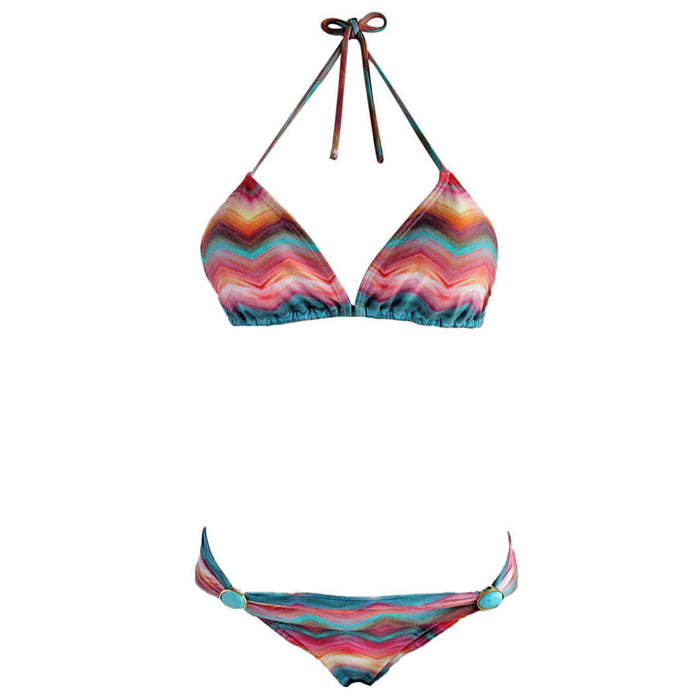 Sunset Pastel Print Tropical Women's Triangle Bikini Two Piece Swimming Suit with Cheeky Brazilian Tanga Bottom and Turquoise Gemstone