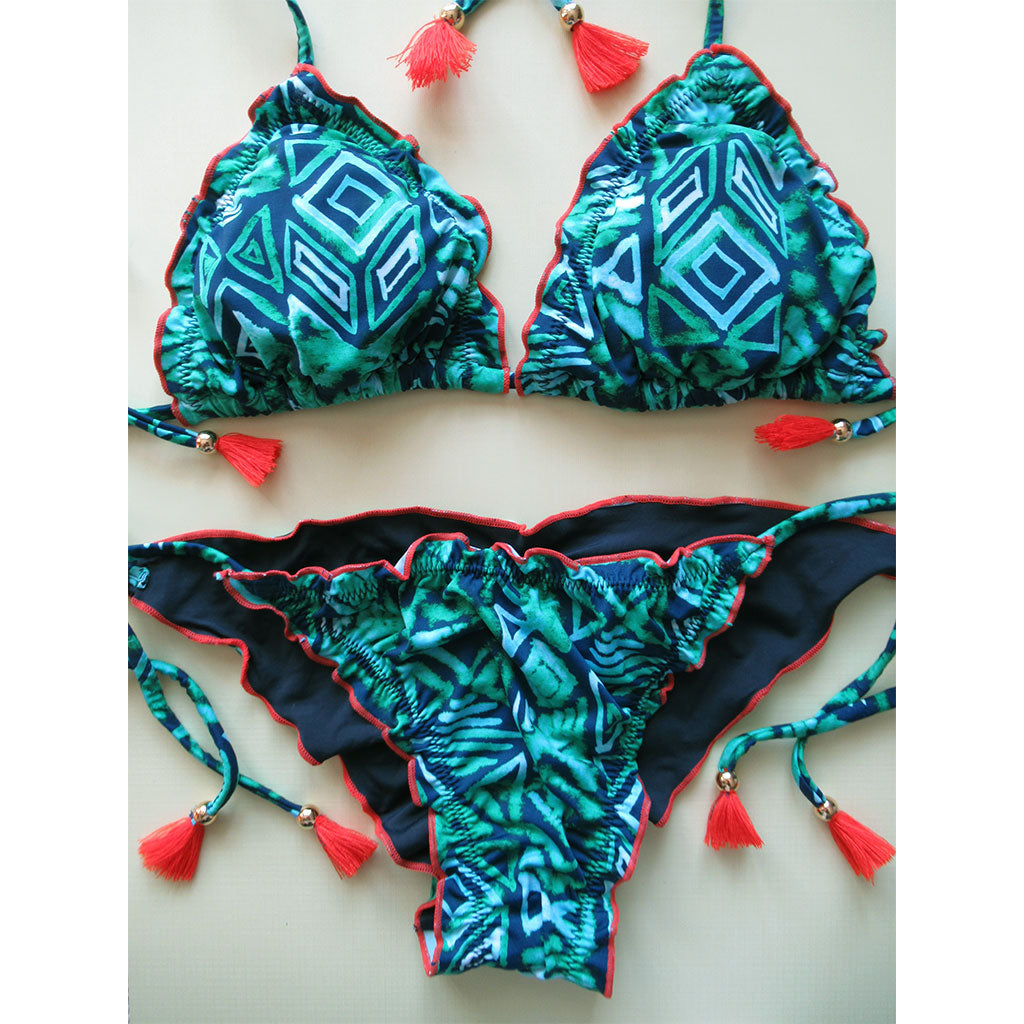 Brigitte Ripple Triangle String Bikini Tribal Print Blue and Turquoise Green