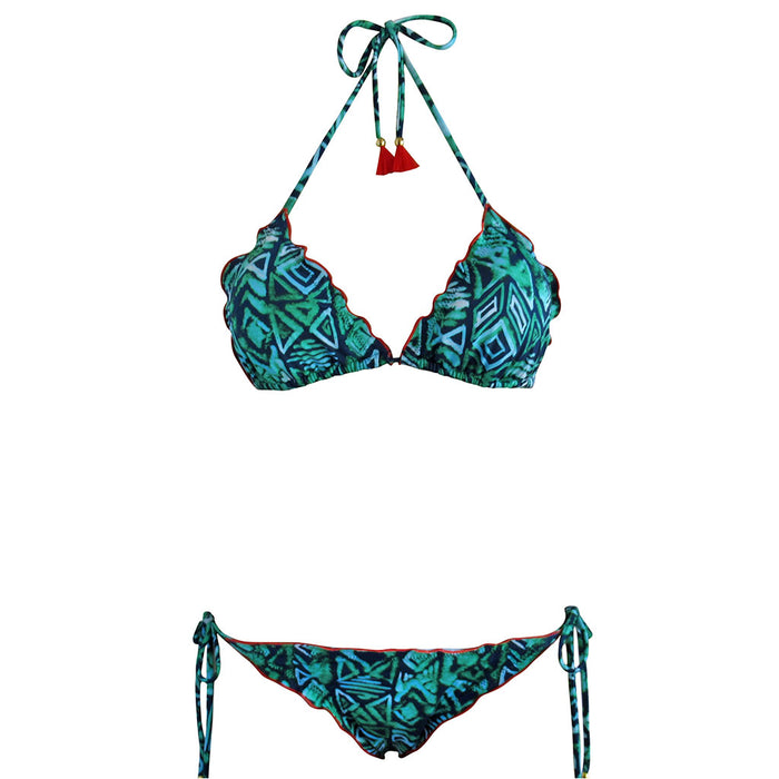 Brigitte Ripple Triangle String Bikini Tribal Print Blue and Turquoise Green