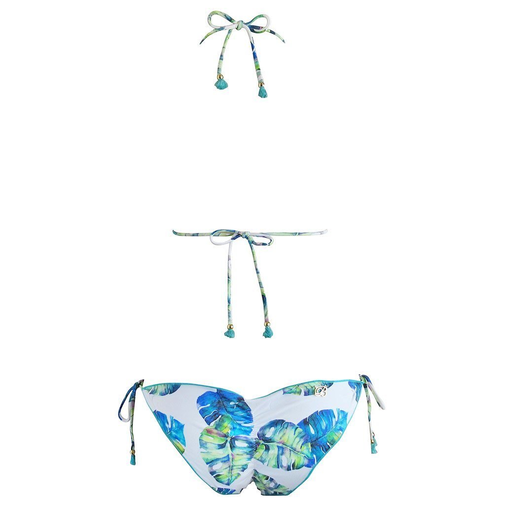 Brigitte Costela Ripple White and Turquoise Tropical Palm Print Triangle String Bikini