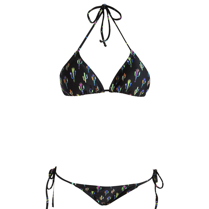 Jewel Tone Cactus Print on Black Womens Triangle Top Brazilian Bikini With Cheeky String Bottoms