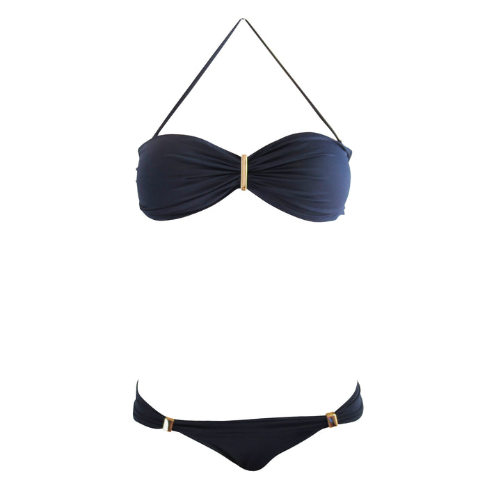 Womens Navy Bandeau Top Two Piece Bikini Swimsuit with Cheeky Tanga Bottom